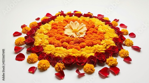 A vibrant side view of a traditional flower rangoli for Diwali