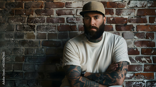 A male model with a full beard and tattoos, dressed in urban streetwear, leaning casually against a brick wall in a studio with moody, dim lighting
