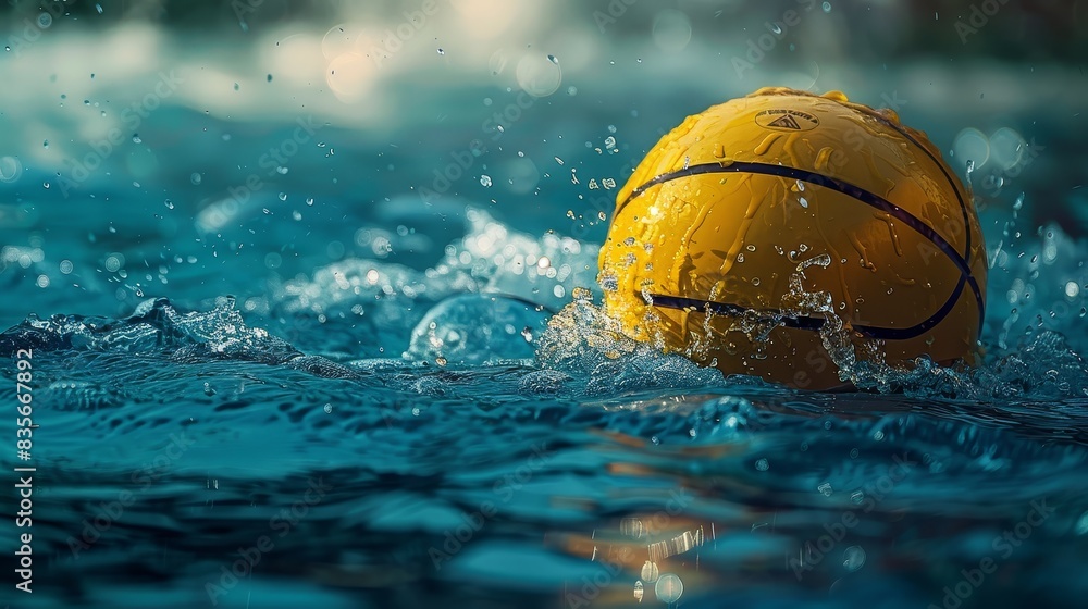 Yellow water polo ball floating in pool - A yellow water polo ball with visible black lines floats on turquoise water surrounded by dynamic splashes Yellow water polo ball floating in pool - A yellow water polo ball with visible black lines floats on turquoise water surrounded by dynamic splashes