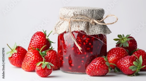 Strawberry pulp jam in a jar closed with a cloth tied with hemp rope is placed in the corner on a white background. An orange is placed next to the bottle.