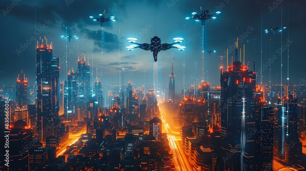 Obraz premium Futuristic Cityscape: a futuristic cityscape with advanced architecture, flying vehicles, and neon lights, ideal for sci-fi projects and digital art.