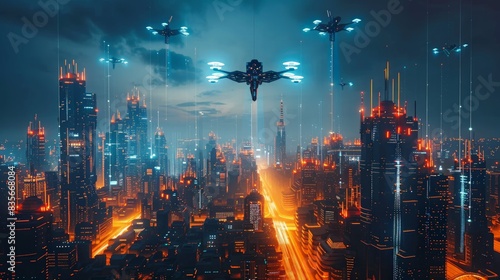 Futuristic Cityscape  a futuristic cityscape with advanced architecture  flying vehicles  and neon lights  ideal for sci-fi projects and digital art.