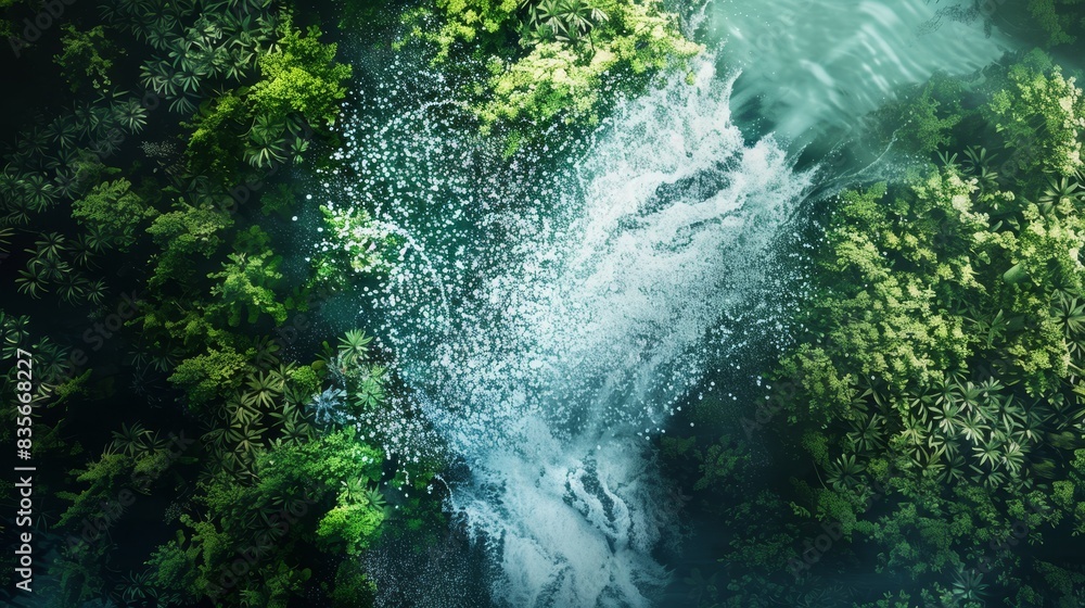 A top view of a waterfall splashing in a forest, showcasing the dynamic movement of water surrounded by lush greenery. A top view of a waterfall splashing in a forest, showcasing the dynamic movement of water surrounded by lush greenery.