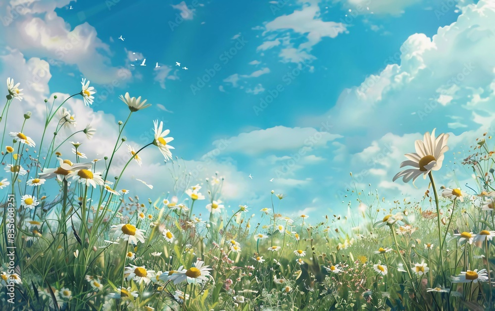 Beautiful summer colorful panoramic landscape of a flower meadow with daisies on a blue sky with very bright clouds