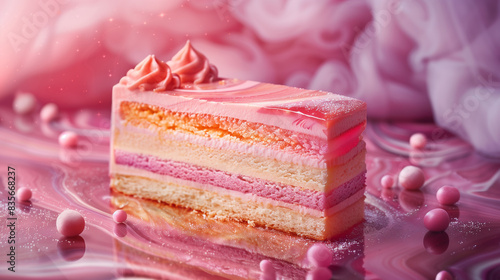 A delightful slice of pink layer cake with a whipped topping, set on a swirled pink background. 