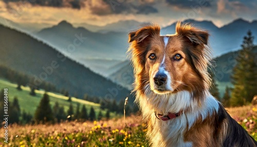 Extreme close-up of a brown and white dog looking at camera on a mountain pasture. © MAWLOUD