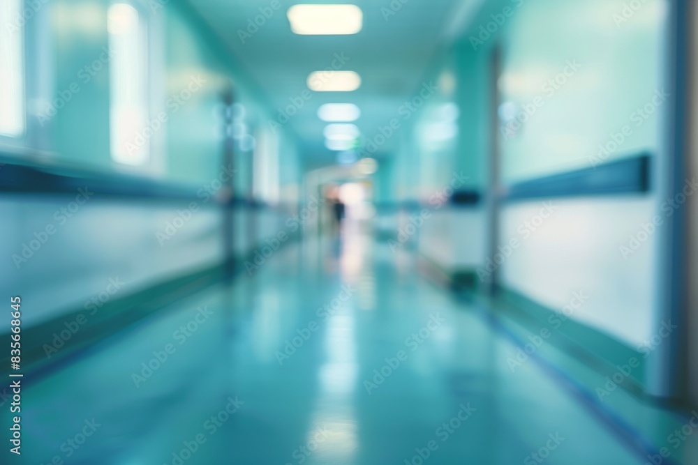 Modern hospital hallway with blue floor and clean white walls. Medical architecture concept. Modern hospital hallway with blue floor and clean white walls. Medical architecture concept.