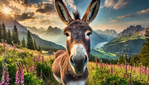 Extreme close-up of a brown and white donkey looking at camera on a mountain pasture. photo