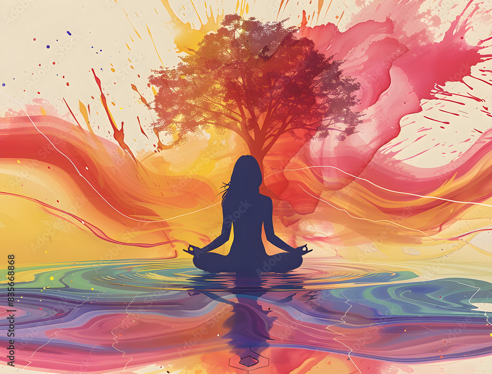 Girl meditating with tree and color lines, representing International Yoga Day concept Girl meditating with tree and color lines, representing International Yoga Day concept
