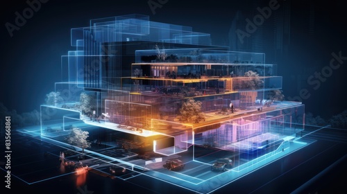 Wallpaper Mural hologram, Sketch design, and drafting of wireframe of the building becoming real. 3d illustration, Digital project visualization. Torontodigital.ca