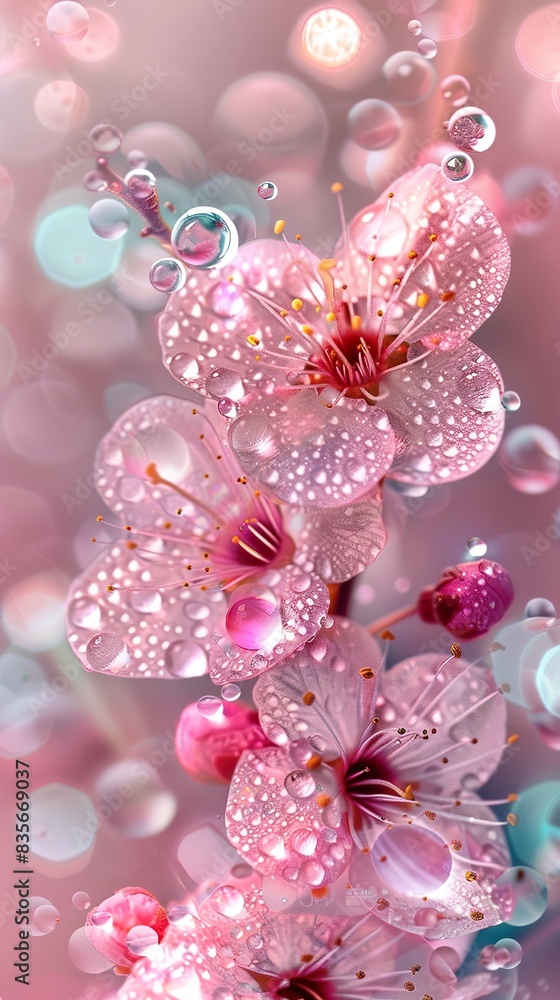 Pink Cherry Blossoms with Water Droplets Pink Cherry Blossoms with Water Droplets