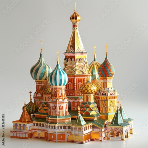 Gold sheet origami St Basils Cathedral An intricate gold origami model of St Basils Cathedral, highlighting its colorful domes and unique architecture photo