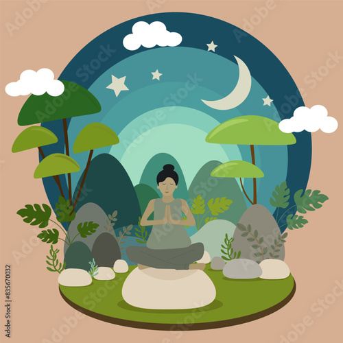 Meditation vector ilustration with a background view at night in the mountains .Flat Ilustration.