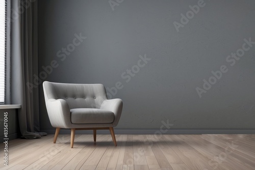 Interior home of living room with armchair on gray wall copy space, hardwood floor, Loft style house