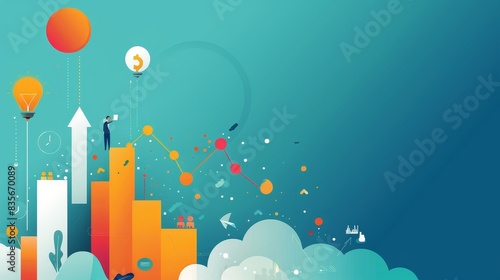 Abstract business strategy illustration - 2D artwork depicting a businessman looking at various business symbols and growth charts