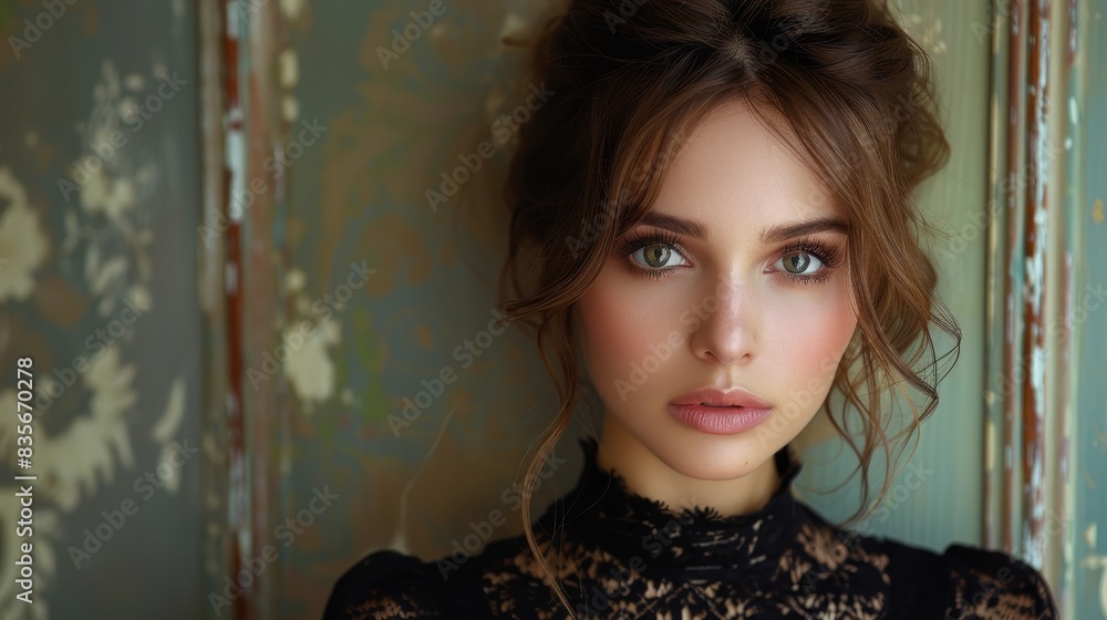 Fototapeta premium Portrait of a beautiful young woman - A close-up portrait of a gorgeous young woman with stunning eyes and a high fashion look