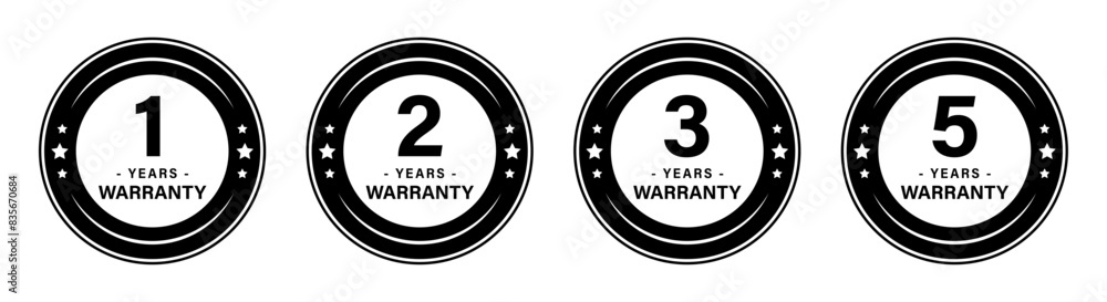 Fototapeta premium 1, 2, 3 and 5 years warranty stamp with stars in circle for product quality assurance. 1, 2, 3, and 5-year warranty label or seal flat icon in black and white vector logo