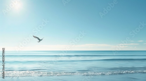 Seagull flying over calm sea - A serene seascape with a seagull flying over the calm ocean under a clear sky