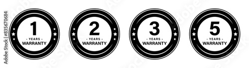 1, 2, 3 and 5 years warranty stamp with stars in circle for product quality assurance. 1, 2, 3, and 5-year warranty label or seal flat icon in black and white vector logo