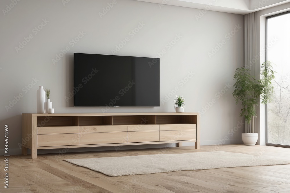 Interior home of living room with LED TV cabinet on white wall copy space mock up Interior home of living room with LED TV cabinet on white wall copy space mock up