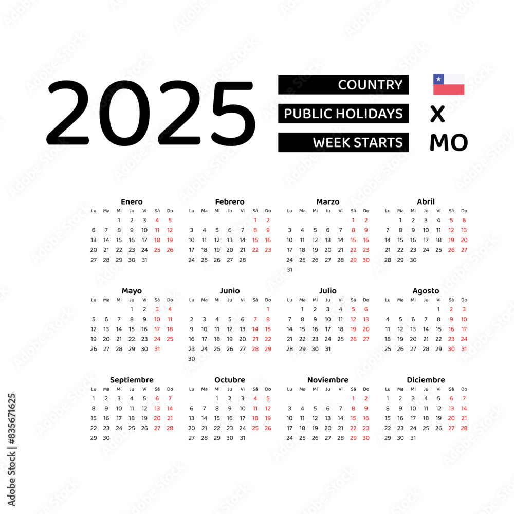 Chile Calendar 2025. Week starts from Monday. Vector graphic design. Spanish language. Chile Calendar 2025. Week starts from Monday. Vector graphic design. Spanish language.