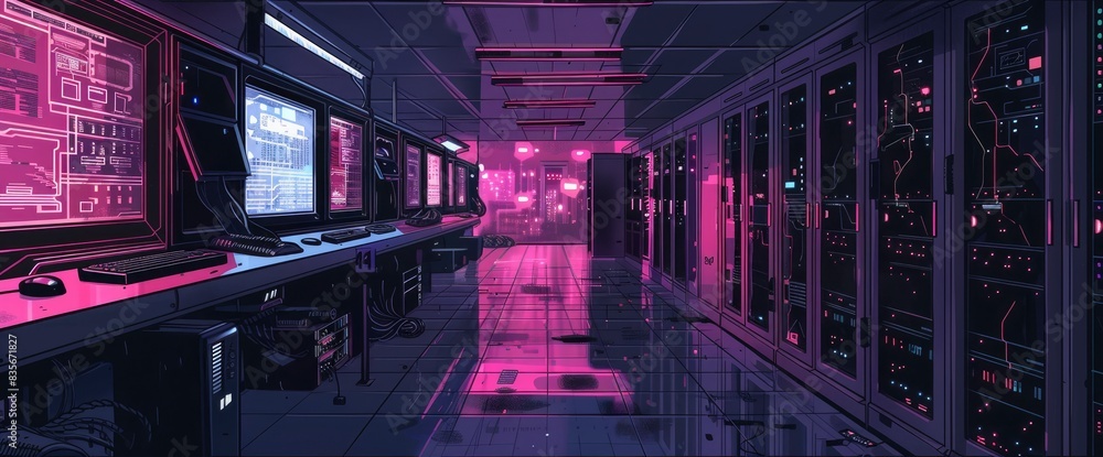 Obraz premium Dynamic Data Flows In A Cyberpunk Setting, Cartoon Style, Background