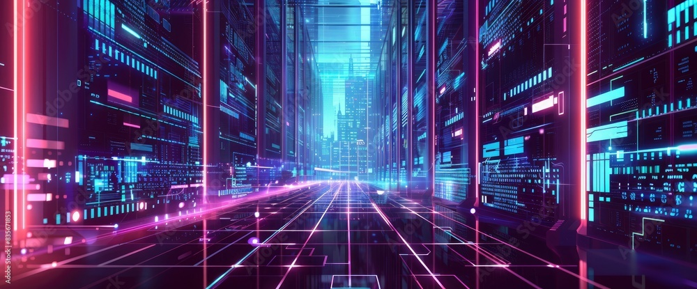 Fototapeta premium Dynamic Data Flows In A Cyberpunk Setting, Cartoon Style, Background