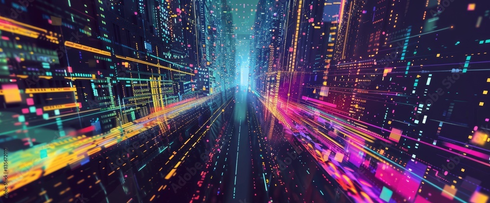Dynamic Data Flows With Glitch Effects, Cartoon Style, Background Dynamic Data Flows With Glitch Effects, Cartoon Style, Background