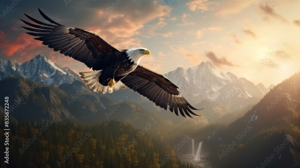 Fototapeta premium The scene is serene and peaceful, with the eagle soaring high in the sky