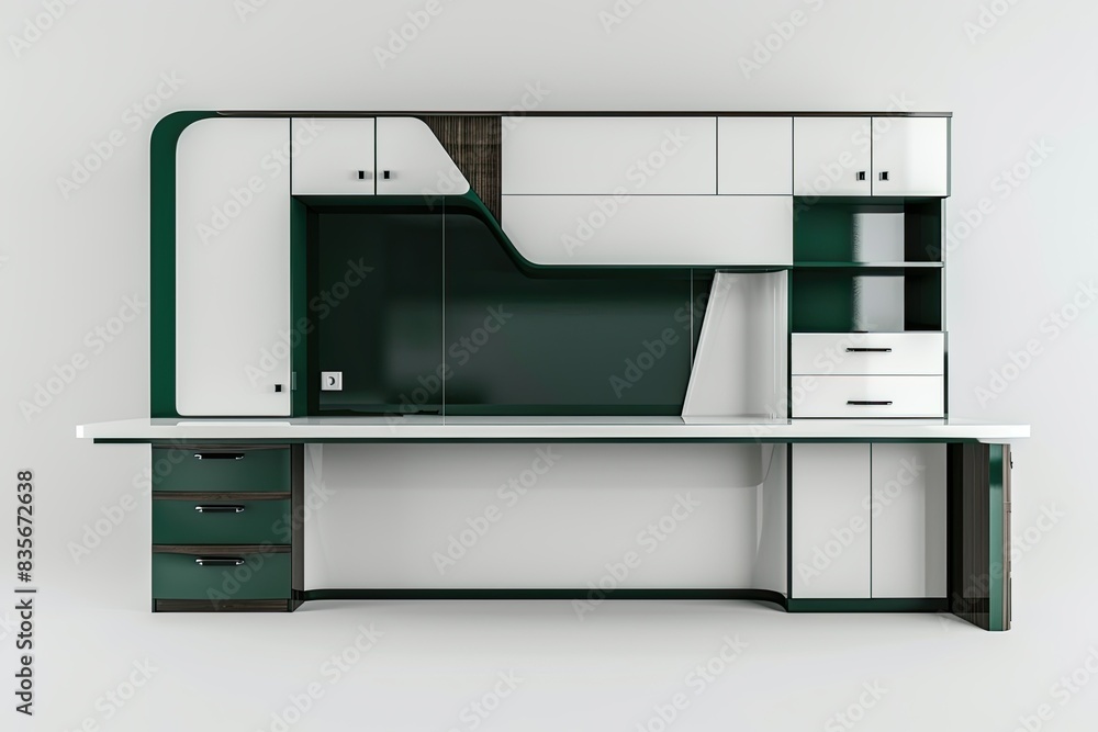 white and dark green modern wooden office cabinet design with led light isolated on white background white and dark green modern wooden office cabinet design with led light isolated on white background