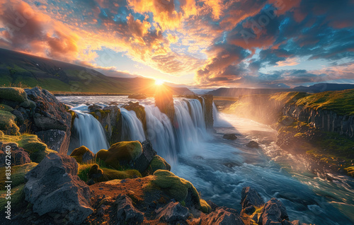 A beautiful landscape of the majestic waterfalls in Iceland  with colorful sky and green grass
