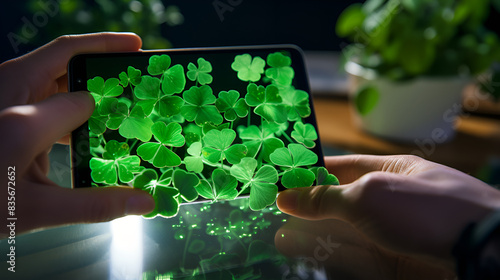 Hand hoilding Mobile phone with a green clover on the monitor in a magical decor for St Patricks Day photo