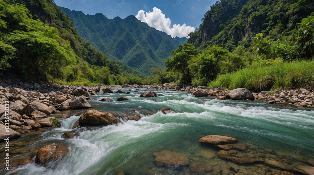 beautiful landscape view river behind mountain