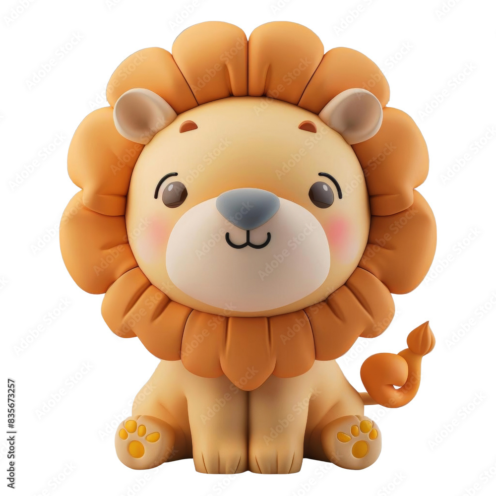 Obraz premium Cute 3D cartoon lion sitting and smiling, isolated on transparent background.