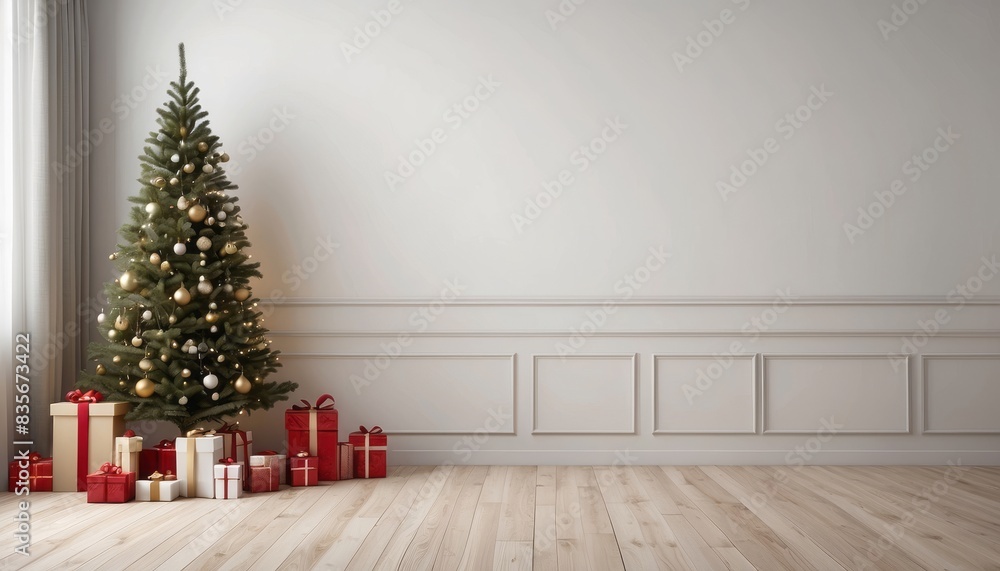 Interior home of living room with christmas tree and gifts on white wall copy space mock up, hardwood floor