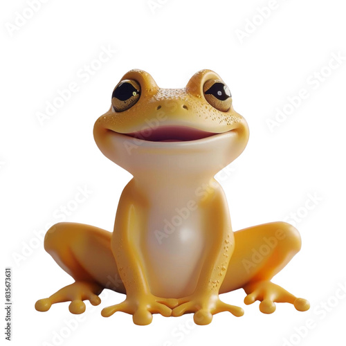 Cute 3D illustration of a bright yellow frog smiling and looking at the camera with a transparent background.