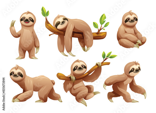 Set of sloth in various poses. Vector cartoon illustration