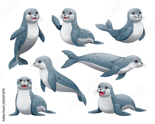 Set of seal in different poses. Vector cartoon illustration