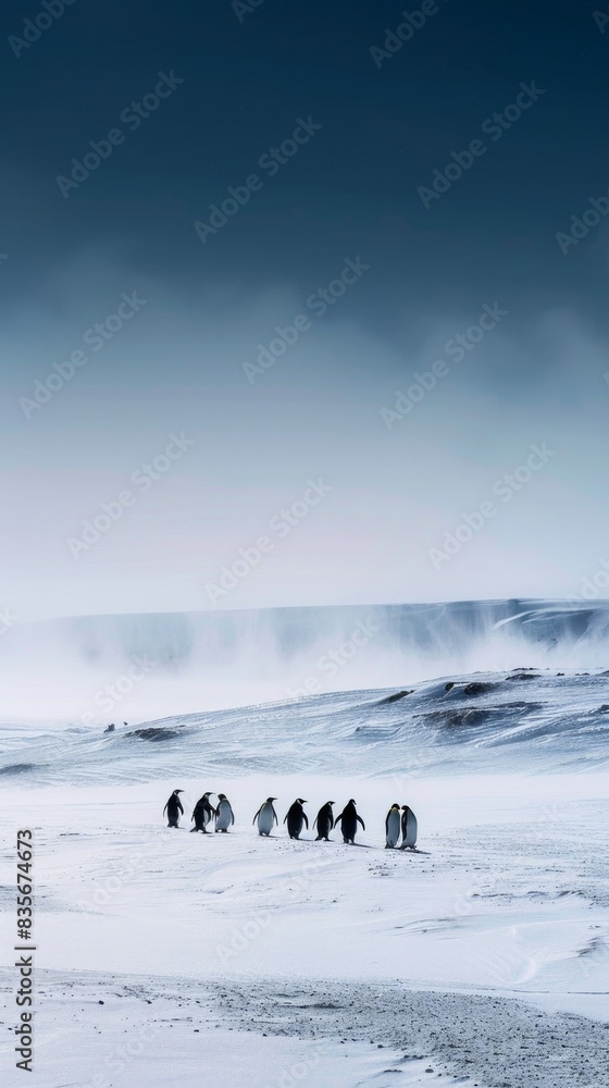 Colony of penguins on snowy ground under a bright sky. Cold climate wildlife concept. Colony of penguins on snowy ground under a bright sky. Cold climate wildlife concept.