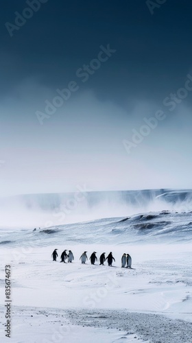 Colony of penguins on snowy ground under a bright sky. Cold climate wildlife concept.