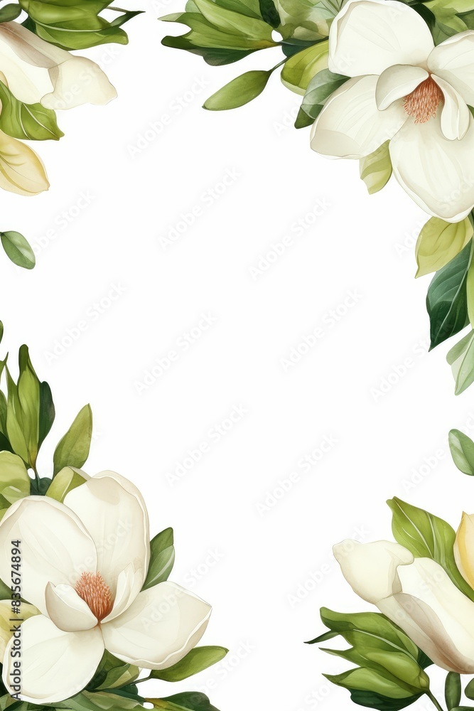 magnolia themed frame or border for photos and text.with large white petals and green leaves. watercolor illustration, white color background. magnolia themed frame or border for photos and text.with large white petals and green leaves. watercolor illustration, white color background.