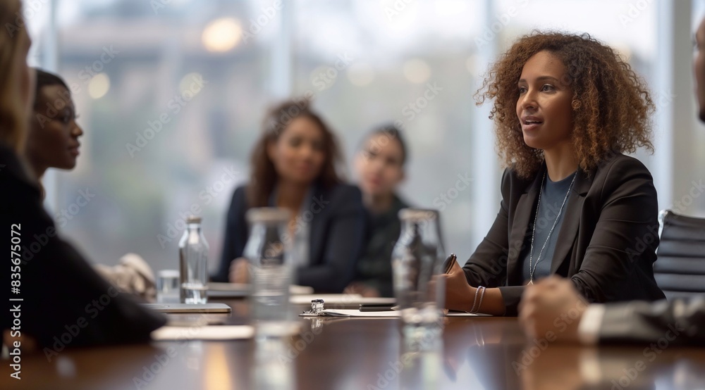 group of professional people sitting at a table in a boardroom listening to one woman talking about business strategy. generative AI group of professional people sitting at a table in a boardroom listening to one woman talking about business strategy. generative AI