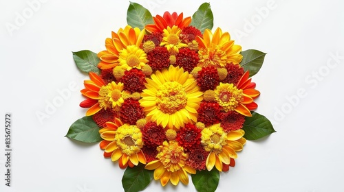 Expansive shot of a traditional flower rangoli crafted from zendu flowers and mango leaves photo