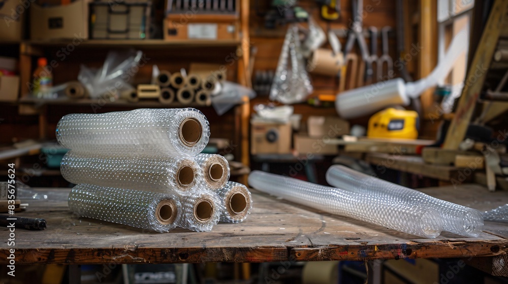 Rolls of bubble wrap and packaging tape on a workbench in an otherwise empty garage