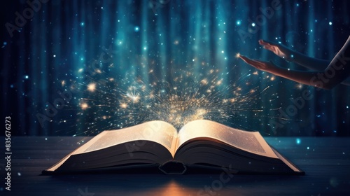 Open book with magic lights. photo