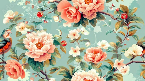 Kaleidoscope colors of Chinoiserie design, china, bonzai bird, peony , pastel , delicate photo