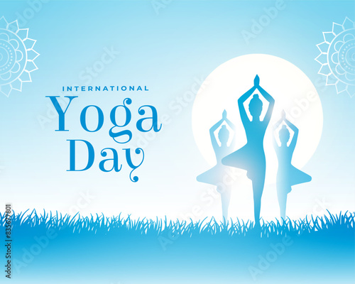 2024 yoga day sunrise poster woman doing exercise in grass