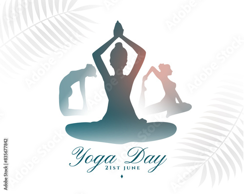 world yoga day poster woman in different yoga posture with leaves