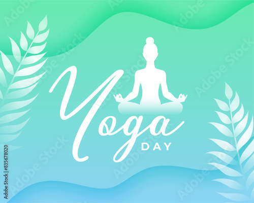 elegant yoga day background, woman doing yoga asana with natural leaves