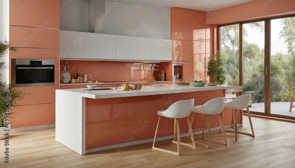 Interior home of kitchen with kitchen island on coral color wall background Interior home of kitchen with kitchen island on coral color wall background